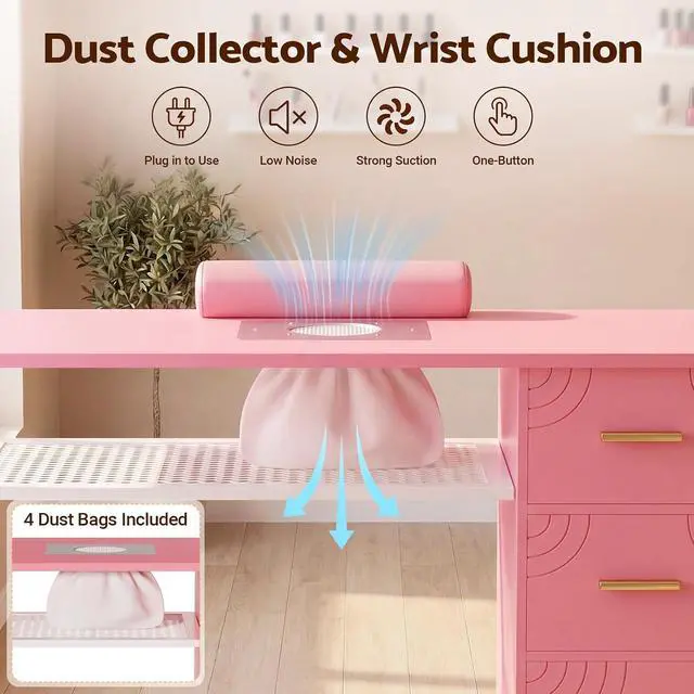 Alt view image 4 of 4 - Manicure Table Nail Desk with Dust Collector & Wheels (Pink) | 2 Storage Drawers & 1 Cabinet, 6 Smooth Rolling Casters (4 Lockable), Wrist Rest, Professional Nail Tech Workstation