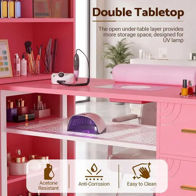 Alt view image 2 of 4 - Manicure Table Nail Desk with Dust Collector & Wheels (Pink) | 2 Storage Drawers & 1 Cabinet, 6 Smooth Rolling Casters (4 Lockable), Wrist Rest, Professional Nail Tech Workstation