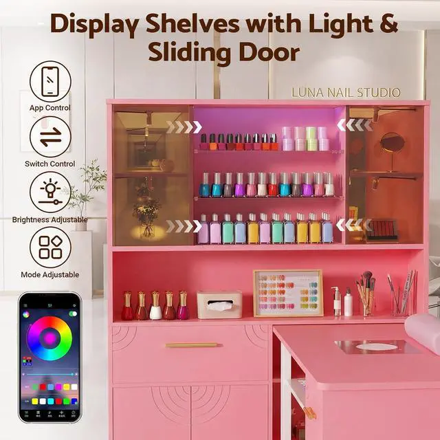 Alt view image 5 of 7 - Mobile Manicure Table with Dust Collector, Double Tabletop Nail Desk for Technician, Nail Station w/Display Shelves, 3 Adjustable Layers, Drawers, Cabinets, Sliding Door & LED Light Strip, Pink