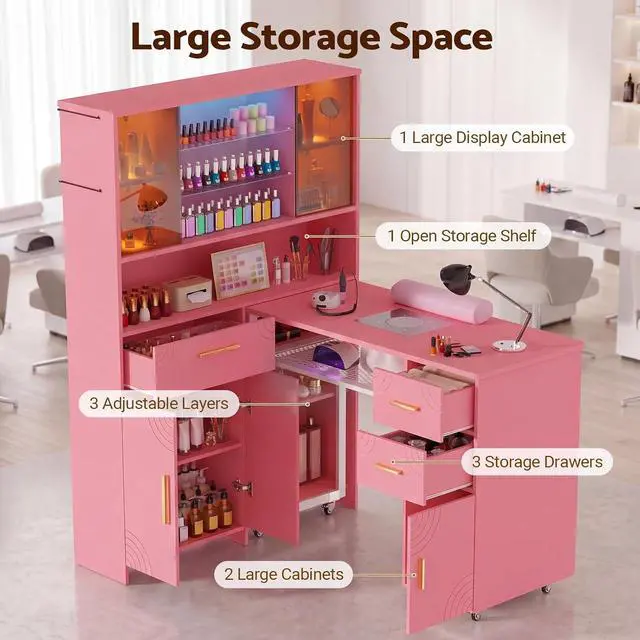 Alt view image 7 of 7 - Mobile Manicure Table with Dust Collector, Double Tabletop Nail Desk for Technician, Nail Station w/Display Shelves, 3 Adjustable Layers, Drawers, Cabinets, Sliding Door & LED Light Strip, Pink