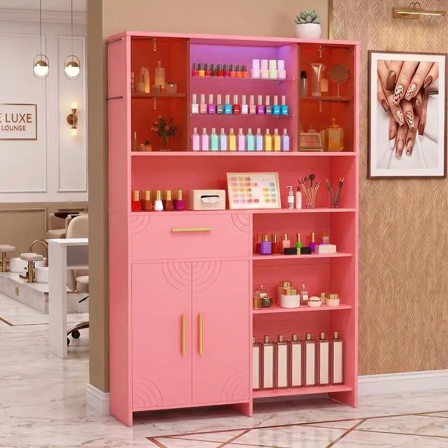 Main image of Professional Nail Storage Cabinet with LED Display Shelf (Pink) | 3 Adjustable Shelves, Sliding Mirror & Glass Doors, Large Salon Organizer Cabinet for Nail Polish, Beauty Salon & Home Studio