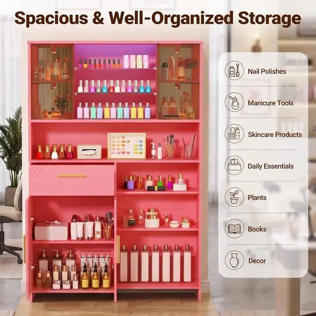 Alt view image 3 of 7 - Professional Nail Storage Cabinet with LED Display Shelf (Pink) | 3 Adjustable Shelves, Sliding Mirror & Glass Doors, Large Salon Organizer Cabinet for Nail Polish, Beauty Salon & Home Studio