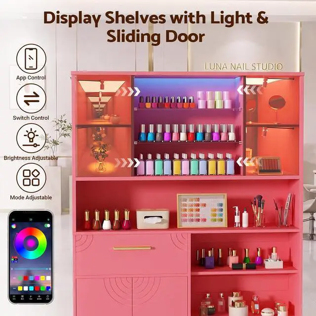 Alt view image 5 of 7 - Professional Nail Storage Cabinet with LED Display Shelf (Pink) | 3 Adjustable Shelves, Sliding Mirror & Glass Doors, Large Salon Organizer Cabinet for Nail Polish, Beauty Salon & Home Studio