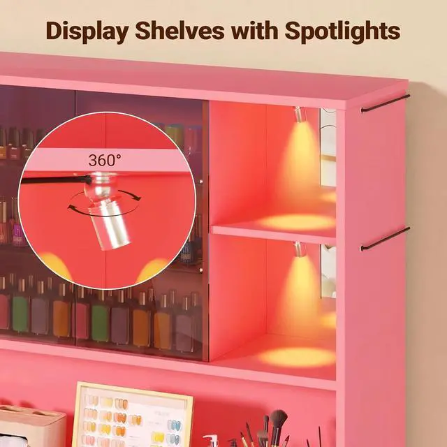 Alt view image 4 of 7 - Professional Nail Storage Cabinet with LED Display Shelf (Pink) | 3 Adjustable Shelves, Sliding Mirror & Glass Doors, Large Salon Organizer Cabinet for Nail Polish, Beauty Salon & Home Studio