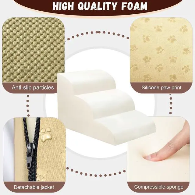 Alt view image 3 of 6 - Dog Stairs for Small Dogs - High Density Foam Pet Steps, Extra Wide Dog Ramp with Non-Slip Bottom for High Beds, Couch and Sofa, Best for Dogs Injured, Older Doggy Cats,3 Steps, Camel