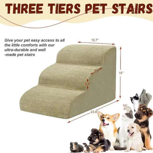 Alt view image 2 of 6 - Dog Stairs for Small Dogs - High Density Foam Pet Steps, Extra Wide Dog Ramp with Non-Slip Bottom for High Beds, Couch and Sofa, Best for Dogs Injured, Older Doggy Cats,3 Steps, Camel