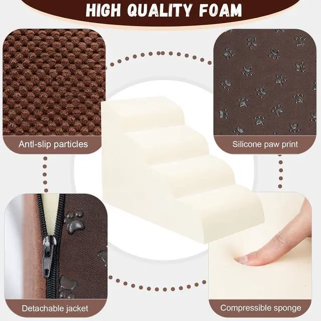Alt view image 3 of 6 - Dog Stairs for Small Dogs - High Density Foam Pet Steps, Extra Wide Dog Ramp with Non-Slip Bottom for High Beds, Couch and Sofa, Best for Dogs Injured, Older Doggy Cats,4 Steps, Brown