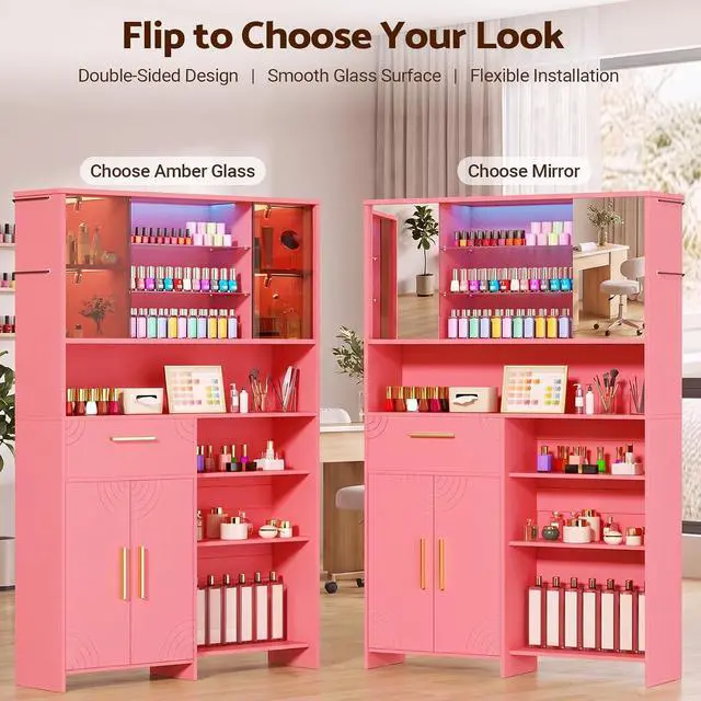 Alt view image 7 of 7 - Professional Nail Storage Cabinet with LED Display Shelf (Pink) | 3 Adjustable Shelves, Sliding Mirror & Glass Doors, Large Salon Organizer Cabinet for Nail Polish, Beauty Salon & Home Studio