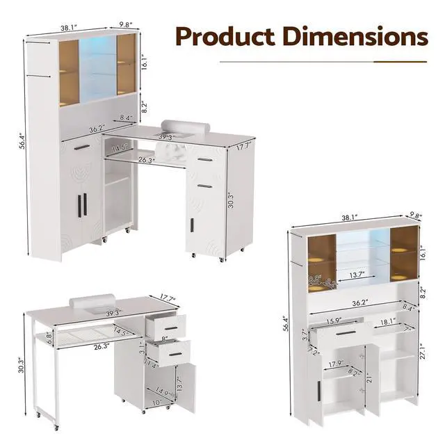 Alt view image 2 of 7 - Manicure Table with LED Display Cabinet, Mobile Nail Tech Desk Built-in Dust Collector, Nail Station with Double Tabletop, 3 Adjustable Shelves, Open Storage, Drawers & Cabinets, White