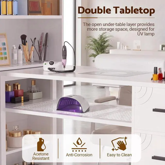 Alt view image 6 of 7 - Manicure Table with LED Display Cabinet, Mobile Nail Tech Desk Built-in Dust Collector, Nail Station with Double Tabletop, 3 Adjustable Shelves, Open Storage, Drawers & Cabinets, White