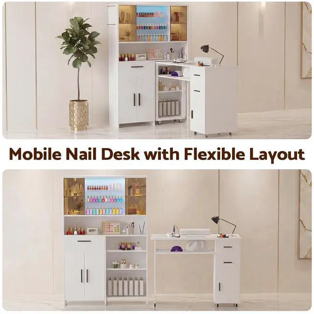 Alt view image 3 of 7 - Manicure Table with LED Display Cabinet, Mobile Nail Tech Desk Built-in Dust Collector, Nail Station with Double Tabletop, 3 Adjustable Shelves, Open Storage, Drawers & Cabinets, White