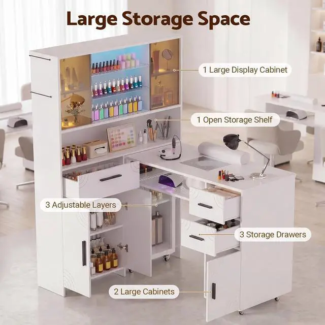 Alt view image 7 of 7 - Manicure Table with LED Display Cabinet, Mobile Nail Tech Desk Built-in Dust Collector, Nail Station with Double Tabletop, 3 Adjustable Shelves, Open Storage, Drawers & Cabinets, White