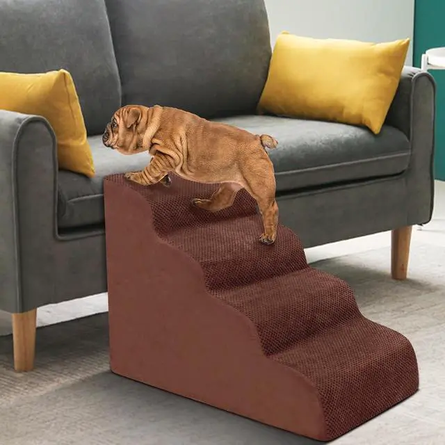 Alt view image 5 of 6 - Dog Stairs for Small Dogs - High Density Foam Pet Steps, Extra Wide Dog Ramp with Non-Slip Bottom for High Beds, Couch and Sofa, Best for Dogs Injured, Older Doggy Cats,4 Steps, Brown