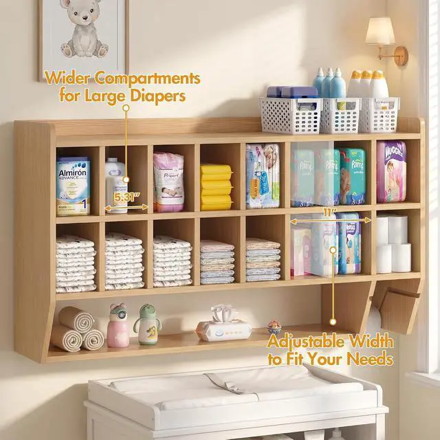Alt view image 6 of 7 - Wall-Mount Diaper Organizer, Adjustable Cubbies for Nursery & Daycare | Extra-wide diaper cubbies · Adjustable storage dividers · Built-in paper towel holder · Nursery & daycare organization