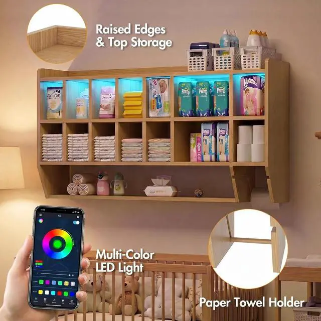 Alt view image 7 of 7 - Wall-Mount Diaper Organizer, Adjustable Cubbies for Nursery & Daycare | Extra-wide diaper cubbies · Adjustable storage dividers · Built-in paper towel holder · Nursery & daycare organization