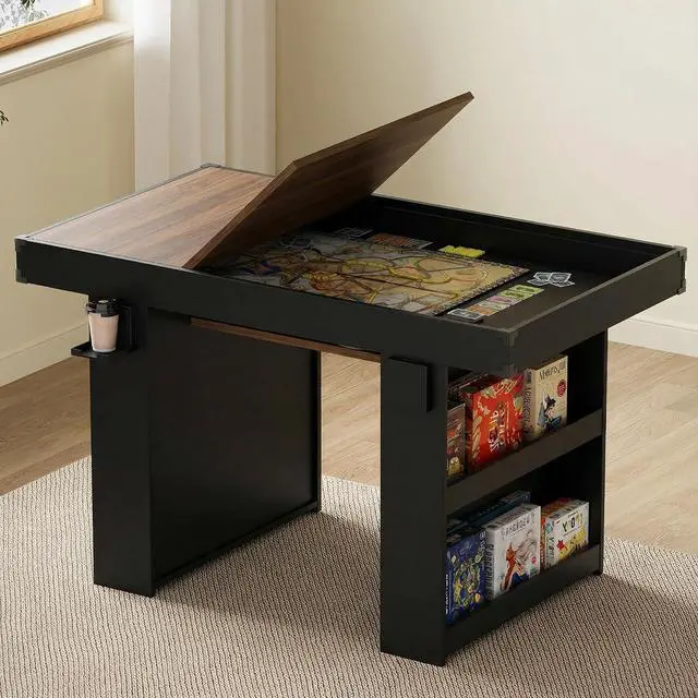 Main image of Board Game Table with Removable Top & PU Leather Mat, 2-in-1 Dining Table for 46 Players, w/ Storage Shelves, Cup Holders, Corner Protectors, for Card, DND, Poker, Building Blocks (Brown+Black)