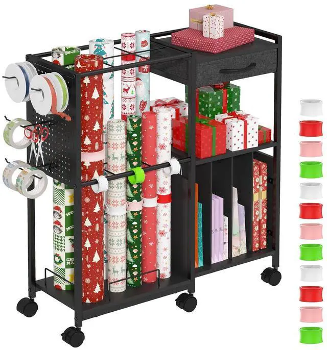 Main image of Wrapping Paper Storage Cart with 12PCS Slap Bands, Rolling Gift Wrapping Station for Gift Bags and Ribbons, Gift Wrap Organizer with Drawer and Hooks(Black)