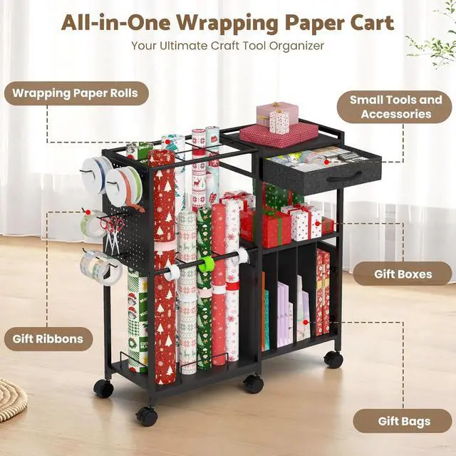 Alt view image 2 of 7 - Wrapping Paper Storage Cart with 12PCS Slap Bands, Rolling Gift Wrapping Station for Gift Bags and Ribbons, Gift Wrap Organizer with Drawer and Hooks(Black)