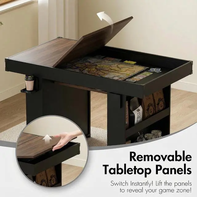 Alt view image 4 of 7 - Board Game Table with Removable Top & PU Leather Mat, 2-in-1 Dining Table for 46 Players, w/ Storage Shelves, Cup Holders, Corner Protectors, for Card, DND, Poker, Building Blocks (Brown+Black)