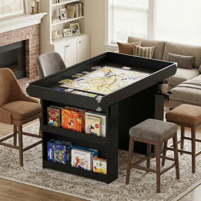 Alt view image 3 of 7 - Board Game Table with Removable Top & PU Leather Mat, 2-in-1 Dining Table for 46 Players, w/ Storage Shelves, Cup Holders, Corner Protectors, for Card, DND, Poker, Building Blocks (Brown+Black)