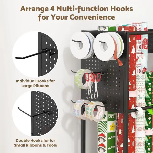 Alt view image 4 of 7 - Wrapping Paper Storage Cart with 12PCS Slap Bands, Rolling Gift Wrapping Station for Gift Bags and Ribbons, Gift Wrap Organizer with Drawer and Hooks(Black)