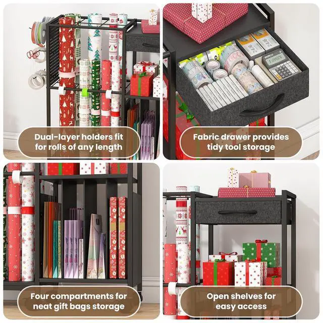 Alt view image 3 of 7 - Wrapping Paper Storage Cart with 12PCS Slap Bands, Rolling Gift Wrapping Station for Gift Bags and Ribbons, Gift Wrap Organizer with Drawer and Hooks(Black)