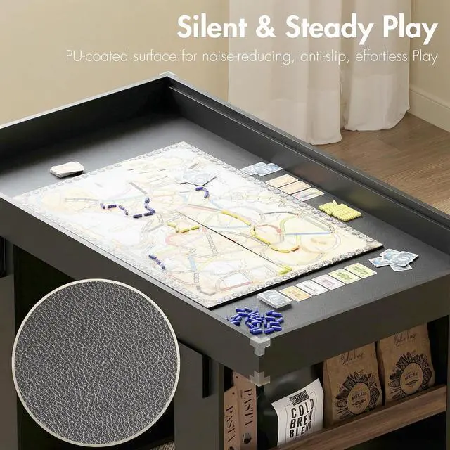 Alt view image 5 of 7 - Board Game Table with Removable Top & PU Leather Mat, 2-in-1 Dining Table for 46 Players, w/ Storage Shelves, Cup Holders, Corner Protectors, for Card, DND, Poker, Building Blocks (Brown+Black)