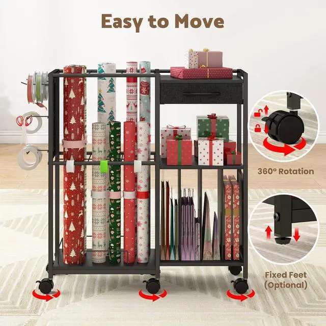 Alt view image 6 of 7 - Wrapping Paper Storage Cart with 12PCS Slap Bands, Rolling Gift Wrapping Station for Gift Bags and Ribbons, Gift Wrap Organizer with Drawer and Hooks(Black)