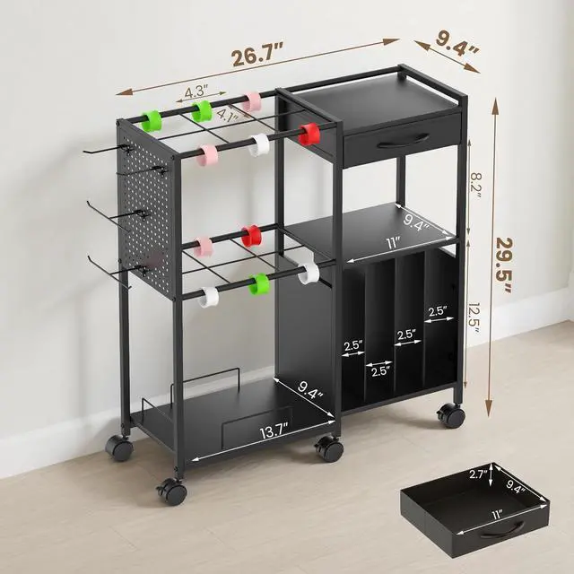 Alt view image 7 of 7 - Wrapping Paper Storage Cart with 12PCS Slap Bands, Rolling Gift Wrapping Station for Gift Bags and Ribbons, Gift Wrap Organizer with Drawer and Hooks(Black)