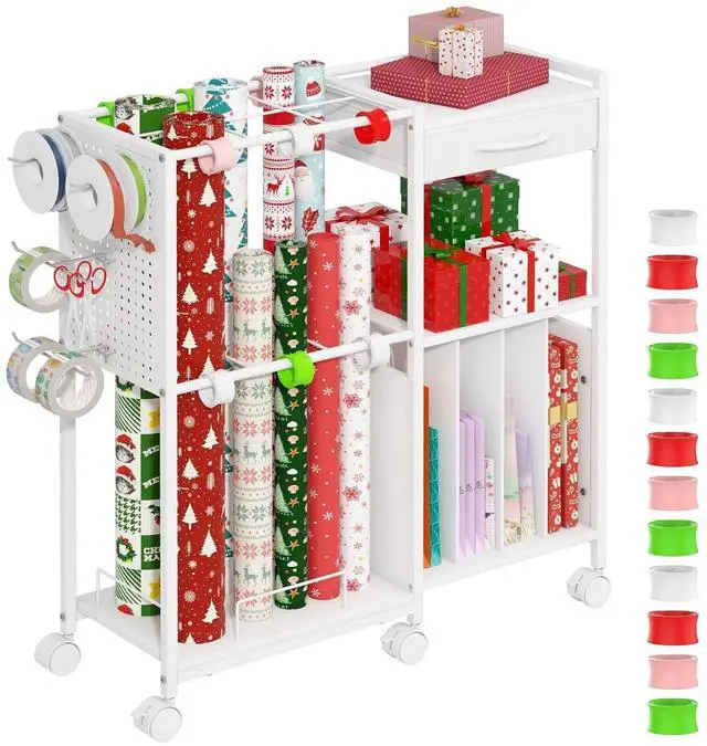 Main image of Wrapping Paper Storage Cart with 12PCS Slap Bands, Rolling Gift Wrapping Station for Gift Bags and Ribbons, Gift Wrap Organizer with Drawer and Hooks(White)