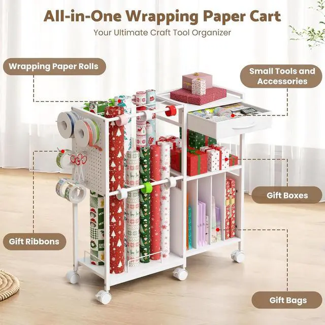 Alt view image 2 of 7 - Wrapping Paper Storage Cart with 12PCS Slap Bands, Rolling Gift Wrapping Station for Gift Bags and Ribbons, Gift Wrap Organizer with Drawer and Hooks(White)