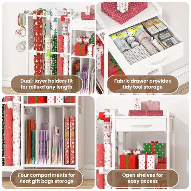 Alt view image 3 of 7 - Wrapping Paper Storage Cart with 12PCS Slap Bands, Rolling Gift Wrapping Station for Gift Bags and Ribbons, Gift Wrap Organizer with Drawer and Hooks(White)