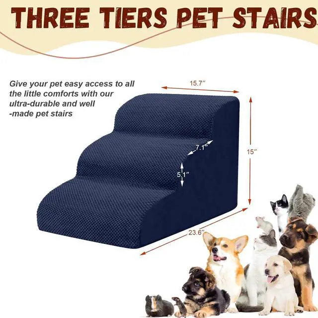 Alt view image 2 of 6 - Dog Stairs for Small Dogs - High Density Foam Pet Steps, Extra Wide Dog Ramp with Non-Slip Bottom for High Beds, Couch and Sofa, Best for Dogs Injured, Older Doggy Cats, 3 Steps, Navy