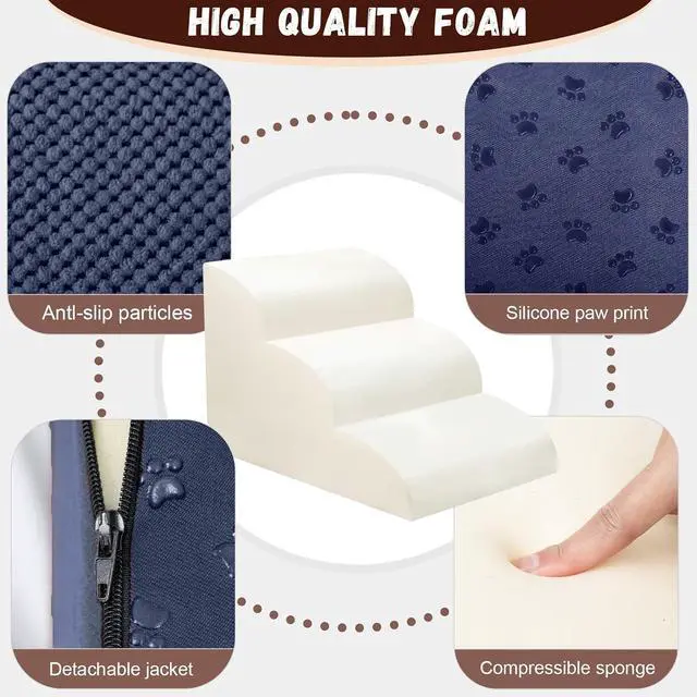 Alt view image 3 of 6 - Dog Stairs for Small Dogs - High Density Foam Pet Steps, Extra Wide Dog Ramp with Non-Slip Bottom for High Beds, Couch and Sofa, Best for Dogs Injured, Older Doggy Cats, 3 Steps, Navy