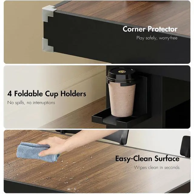 Alt view image 7 of 7 - Board Game Table with Removable Top & PU Leather Mat, 2-in-1 Dining Table for 46 Players, w/ Storage Shelves, Cup Holders, Corner Protectors, for Card, DND, Poker, Building Blocks (Brown+Black)