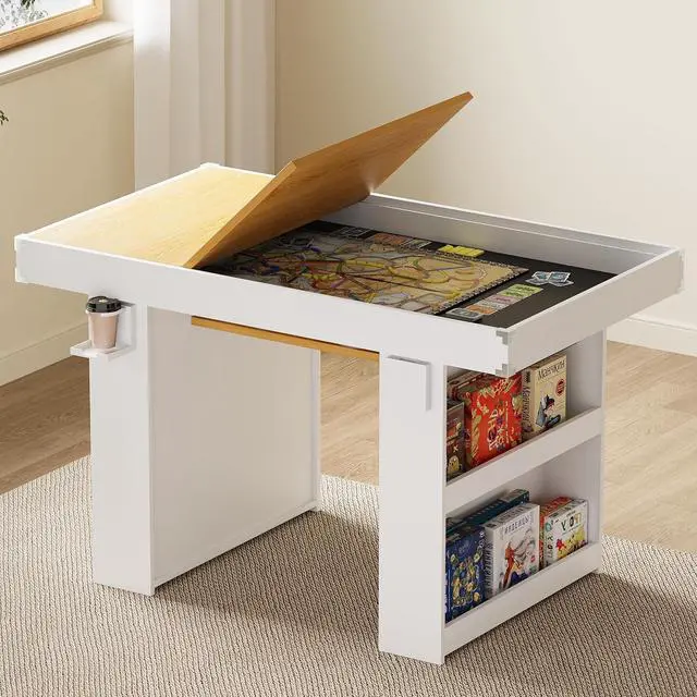 Alt view image 3 of 7 - Gaming & Dining Table with Removable Top & PU Leather Mat, Board Game Table for 4-6 Players, Side Storage Shelves & Cup Holders, Corner Protectors, for Card Games, DND, Poker & Building Blocks