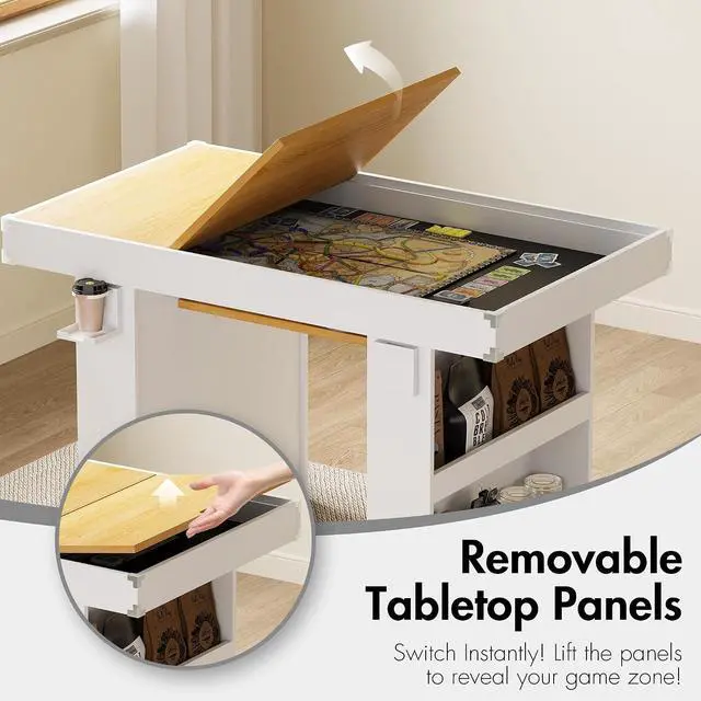 Alt view image 5 of 7 - Gaming & Dining Table with Removable Top & PU Leather Mat, Board Game Table for 4-6 Players, Side Storage Shelves & Cup Holders, Corner Protectors, for Card Games, DND, Poker & Building Blocks