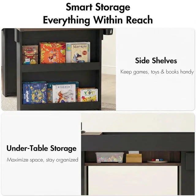 Alt view image 6 of 7 - Board Game Table with Removable Top & PU Leather Mat, 2-in-1 Dining Table for 46 Players, w/ Storage Shelves, Cup Holders, Corner Protectors, for Card, DND, Poker, Building Blocks (Brown+Black)