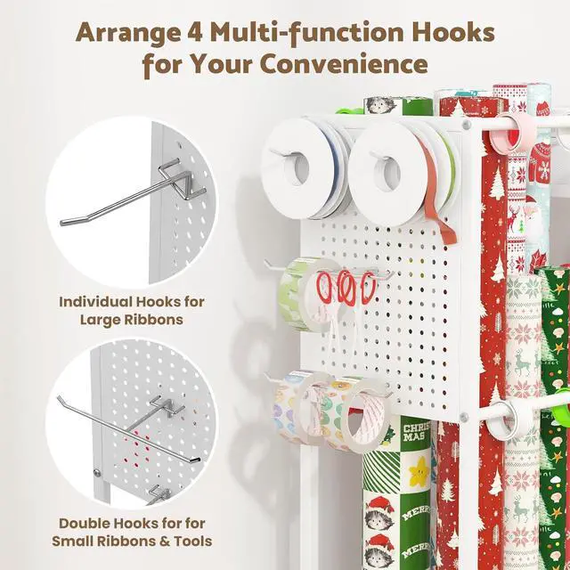 Alt view image 4 of 7 - Wrapping Paper Storage Cart with 12PCS Slap Bands, Rolling Gift Wrapping Station for Gift Bags and Ribbons, Gift Wrap Organizer with Drawer and Hooks(White)