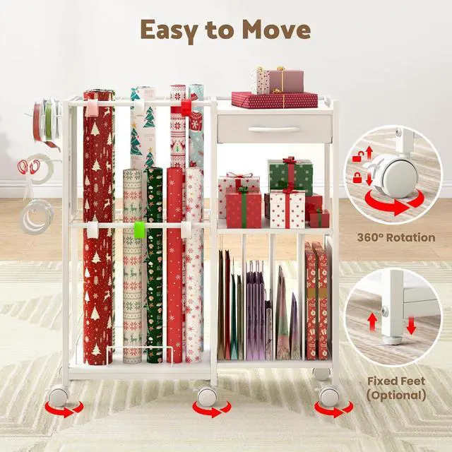 Alt view image 6 of 7 - Wrapping Paper Storage Cart with 12PCS Slap Bands, Rolling Gift Wrapping Station for Gift Bags and Ribbons, Gift Wrap Organizer with Drawer and Hooks(White)