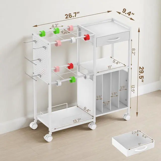Alt view image 7 of 7 - Wrapping Paper Storage Cart with 12PCS Slap Bands, Rolling Gift Wrapping Station for Gift Bags and Ribbons, Gift Wrap Organizer with Drawer and Hooks(White)
