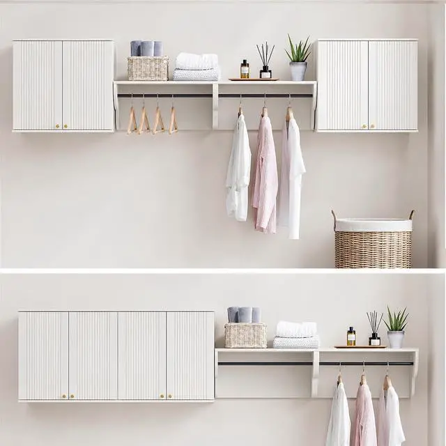 Main image of 94" Wall Cabinets for Laundry Room Modern Wall Mounted Storage Cabinets | Wall Mounted, Storage Cabinets, Sturdy Towel Bar, 4-Piece Cabinet Set, for Laundry Room, Bathroom, Kitchen