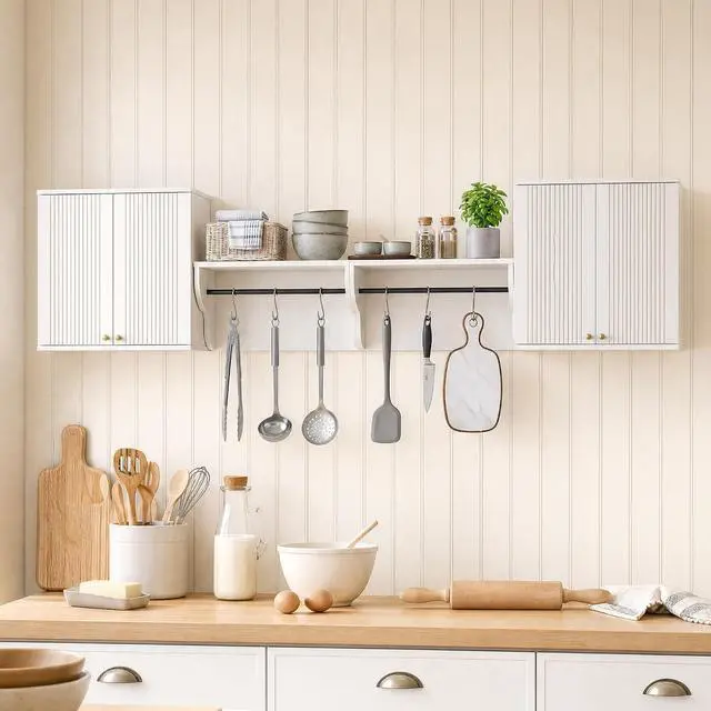 Alt view image 2 of 7 - 94" Wall Cabinets for Laundry Room Modern Wall Mounted Storage Cabinets | Wall Mounted, Storage Cabinets, Sturdy Towel Bar, 4-Piece Cabinet Set, for Laundry Room, Bathroom, Kitchen
