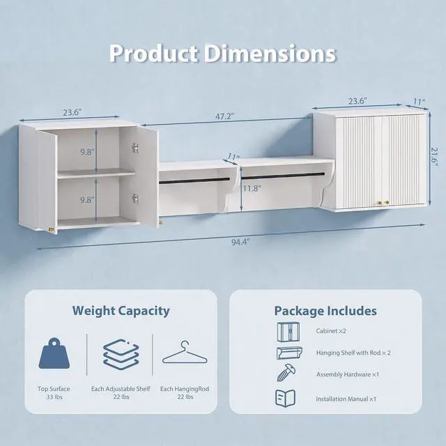 Alt view image 3 of 7 - 94" Wall Cabinets for Laundry Room Modern Wall Mounted Storage Cabinets | Wall Mounted, Storage Cabinets, Sturdy Towel Bar, 4-Piece Cabinet Set, for Laundry Room, Bathroom, Kitchen