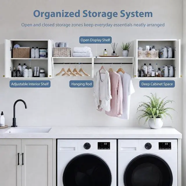 Alt view image 4 of 7 - 94" Wall Cabinets for Laundry Room Modern Wall Mounted Storage Cabinets | Wall Mounted, Storage Cabinets, Sturdy Towel Bar, 4-Piece Cabinet Set, for Laundry Room, Bathroom, Kitchen