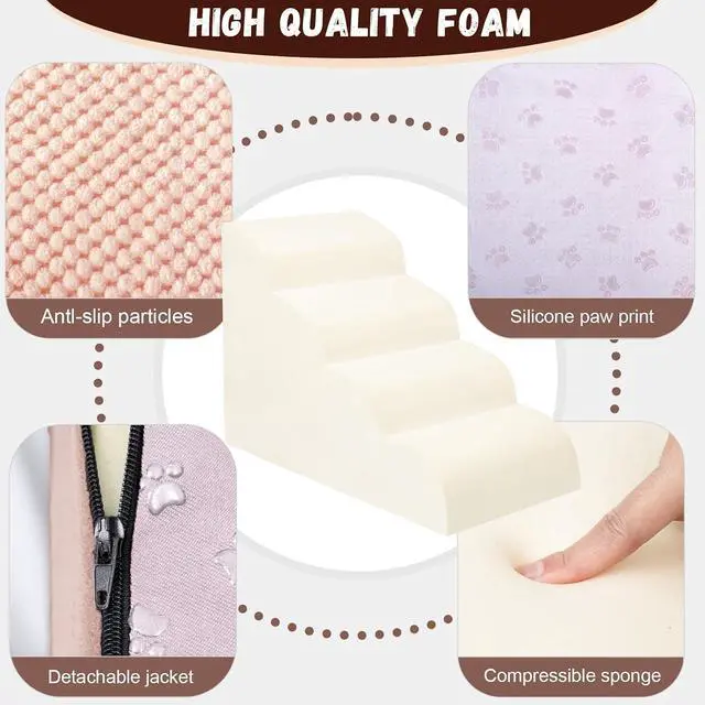 Alt view image 3 of 6 - Dog Stairs for Small Dogs - High Density Foam Pet Steps, Extra Wide Dog Ramp with Non-Slip Bottom for High Beds, Couch and Sofa, Best for Dogs Injured, Older Doggy Cats,4 Stpes, Pink