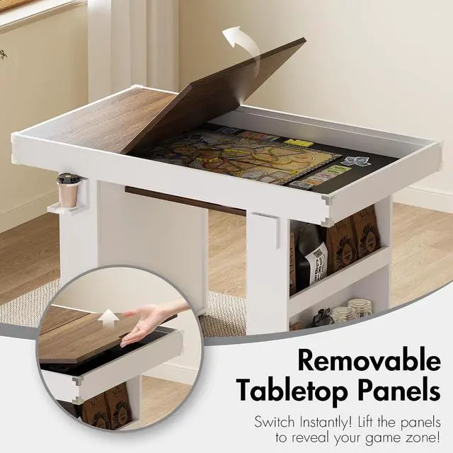 Alt view image 4 of 7 - Board Game Table w/ Removable Top & PU Leather Mat, 2-in-1 Dining and Gaming Table for 46 Players, w/ Storage Shelves, Cup Holders, and Corner Protectors, for Card Games, DND, Poker, Building Blocks
