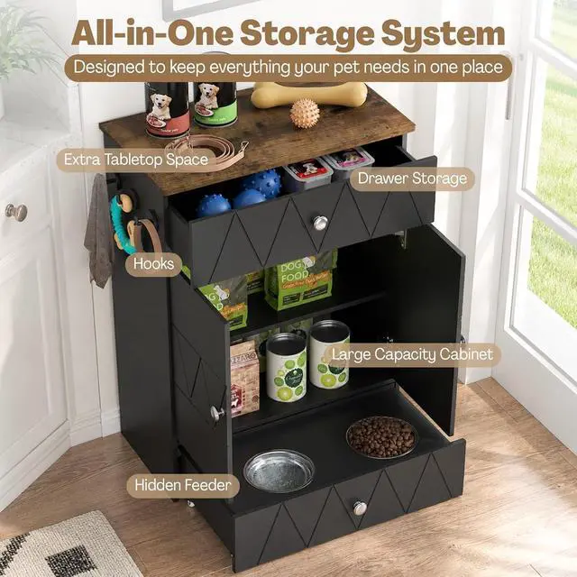 Alt view image 2 of 7 - Dog Feeding Station with Storage Cabinet, Hidden Pull-Out Elevated Dog Bowls, Stainless Steel Feeding Drawer, Adjustable Shelves & Hooks, Modern Pet Food Storage Organizer for Dogs (Black)