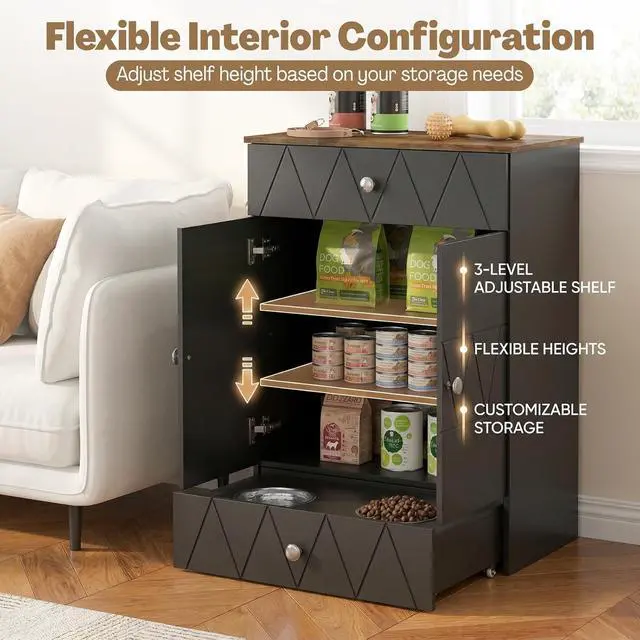 Alt view image 3 of 7 - Dog Feeding Station with Storage Cabinet, Hidden Pull-Out Elevated Dog Bowls, Stainless Steel Feeding Drawer, Adjustable Shelves & Hooks, Modern Pet Food Storage Organizer for Dogs (Black)