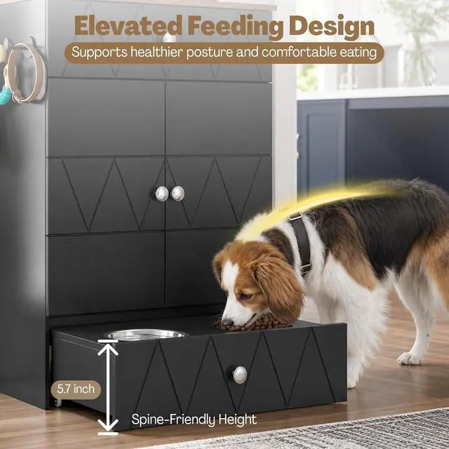 Alt view image 4 of 7 - Dog Feeding Station with Storage Cabinet, Hidden Pull-Out Elevated Dog Bowls, Stainless Steel Feeding Drawer, Adjustable Shelves & Hooks, Modern Pet Food Storage Organizer for Dogs (Black)
